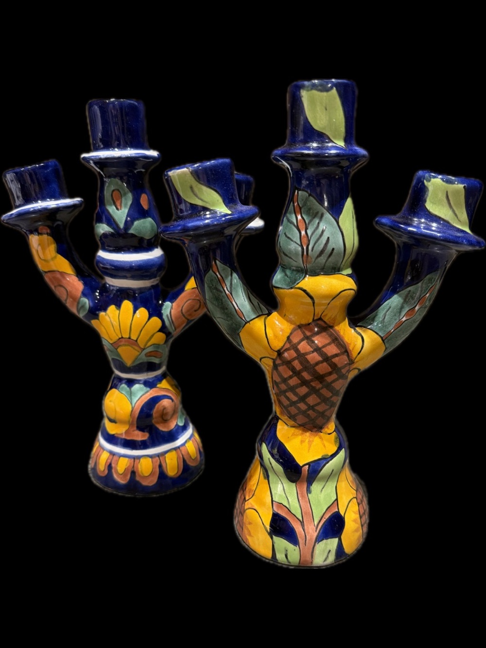 Beautiful Large Pair of Hand-Painted Mexican
Talavera 3-Arm Candelabras.